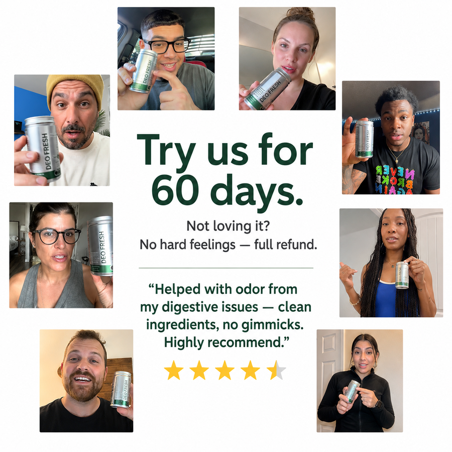 Deo Fresh customer collage with 60-day money-back guarantee and digestive odor testimonial